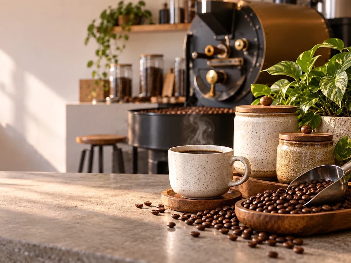 Fresh roasted coffee, beans, and roastery tools on a warm counter