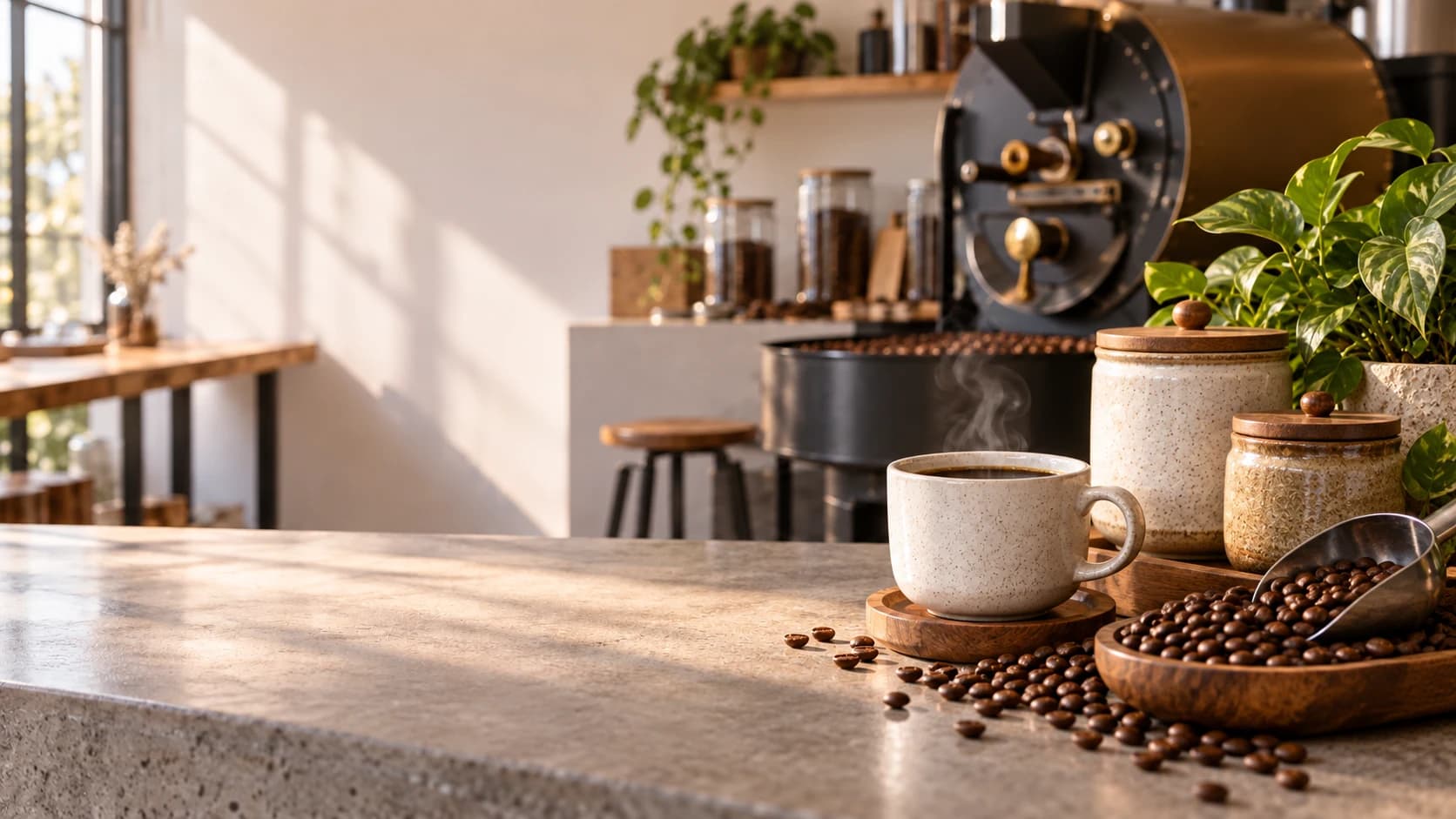 Fresh roasted coffee and a ceramic mug on a roastery counter